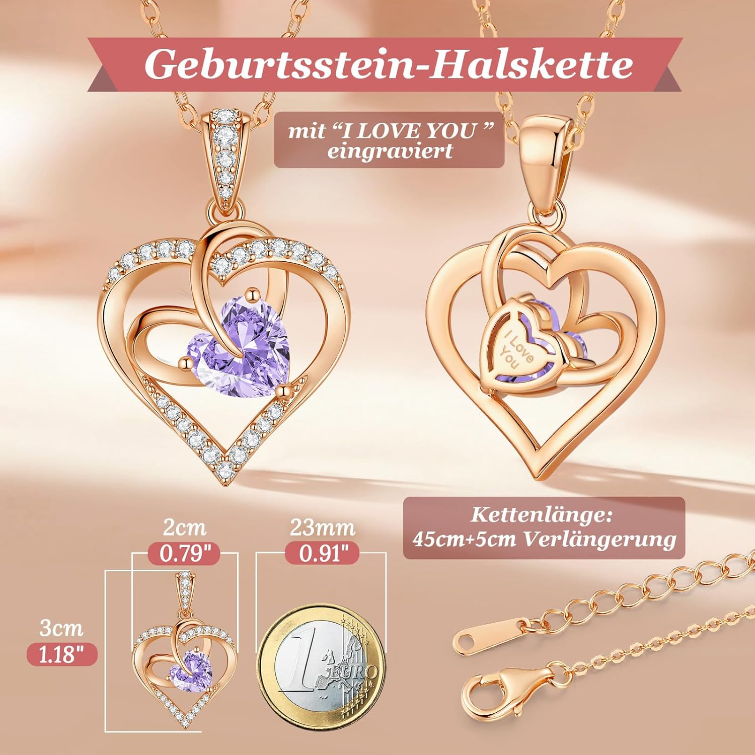 Thumbnail 5 de CDE Damen Ewigkeitsherz-Kette mit Doppelherz & Zirkonia, Roségoldfarben (rhondiniert) – Halskette mit Herzanhänger