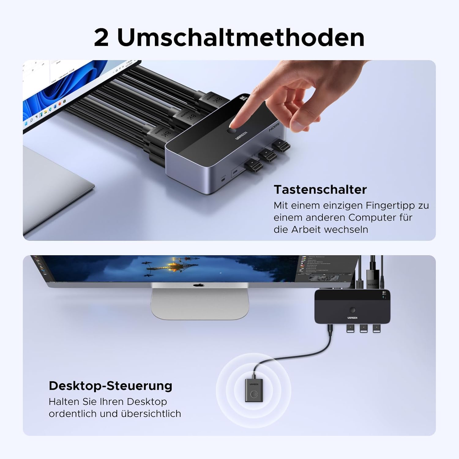 Thumbnail 6 de UGREEN HDMI+DisplayPort KVM Switch 2-PC für 3 Monitore, 8K60Hz, 4×USB 3.0 (Tasten- und Desktop-Controller)