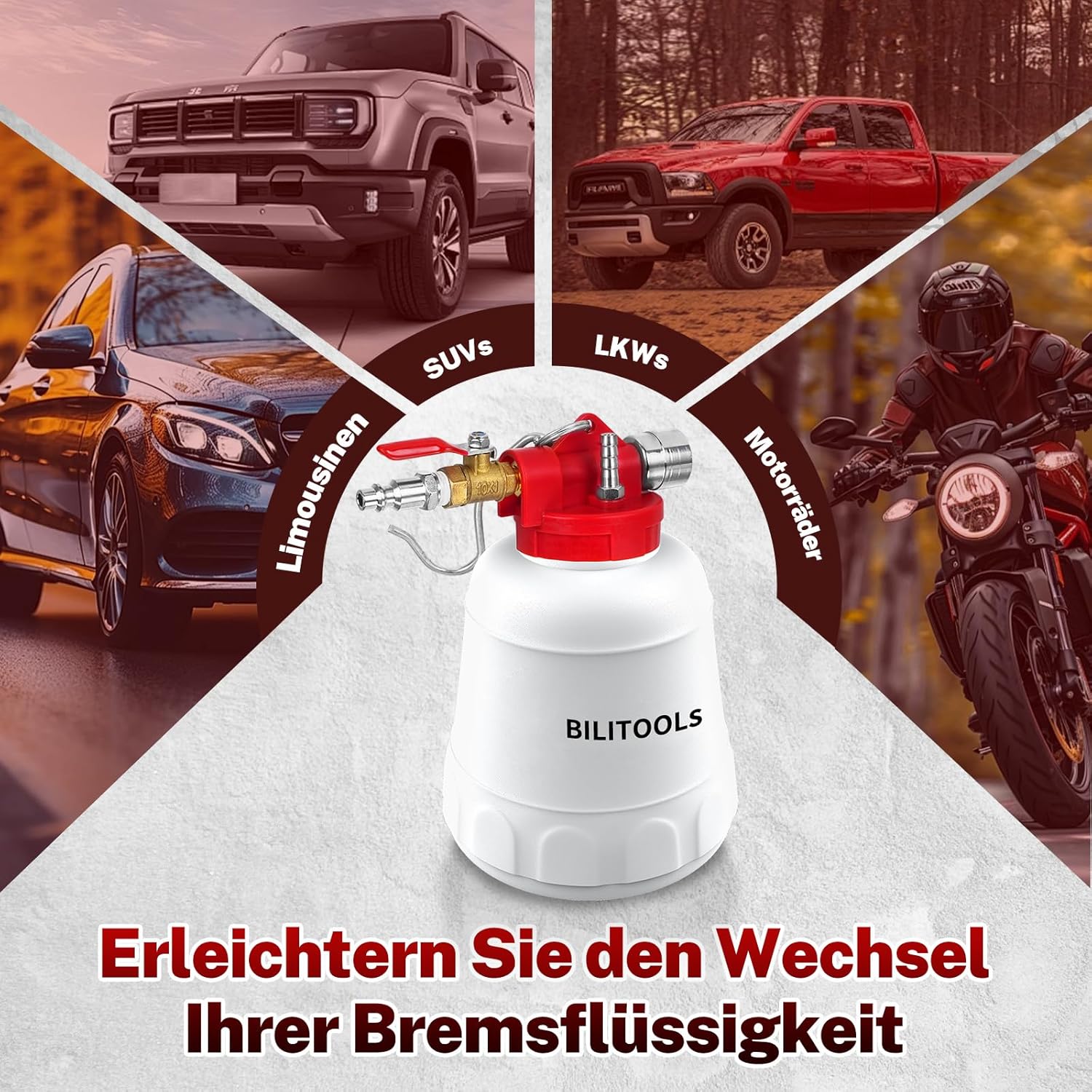 Thumbnail 5 de BILITOOLS 1L Bremsenentlüftungsgerät für Motorrad & KFZ mit Druckluft/Vakuum und 4 Adaptern