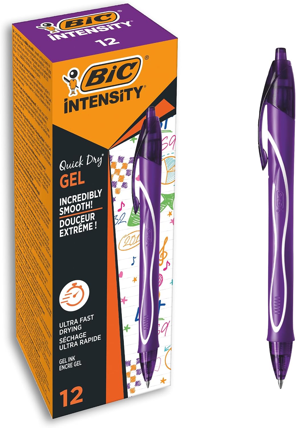 BIC Gel-ocity Quick Dry — Stylo gel rétractable 0,7 mm Violet, boîte de 12
