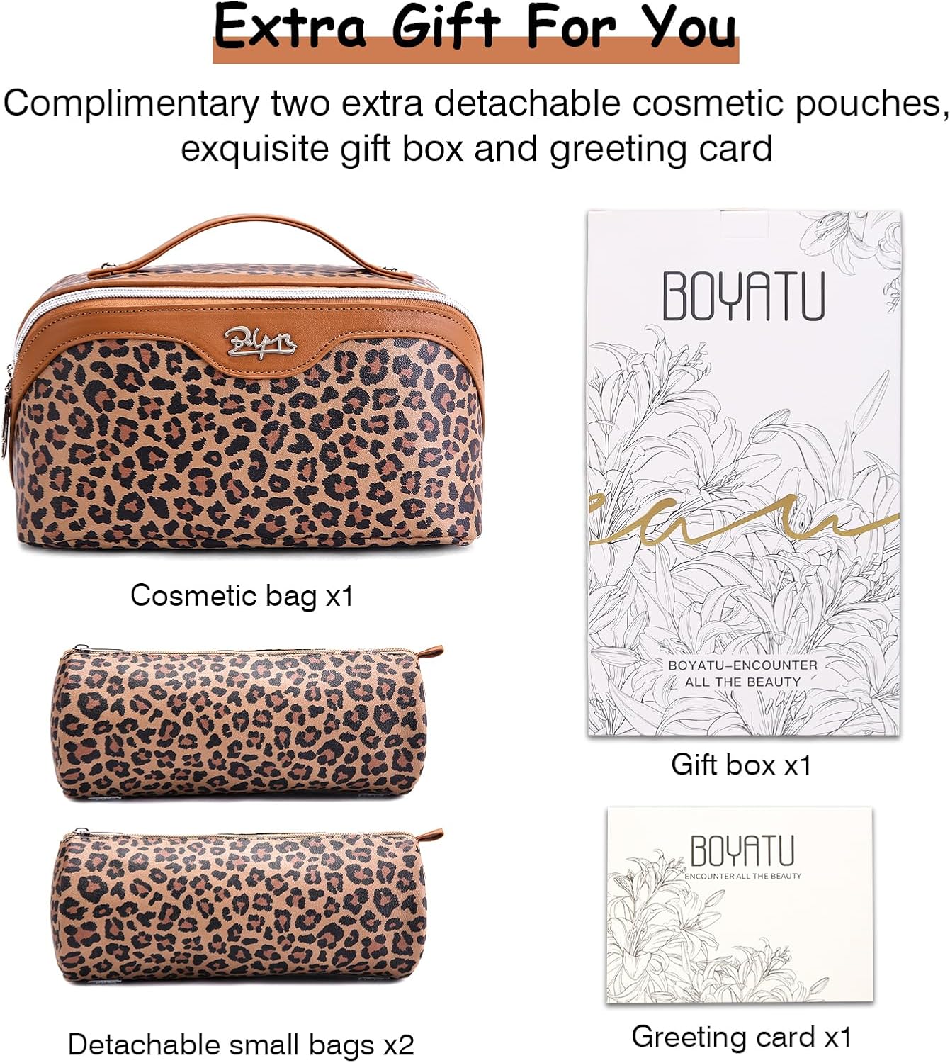 Detalle de BOYATU Travel Makeup Bags Organizer for Women: 3 Pcs Leopard Set