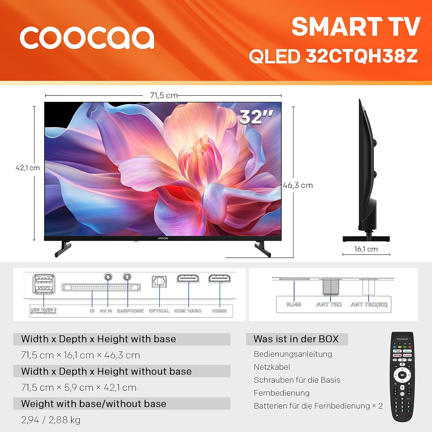 Detalle de coocaa 32 Zoll QLED Smart TV (80 cm) – HDR10/HLG, Dolby Audio, 1,5 GB RAM, Bluetooth 5.1, Triple Tuner