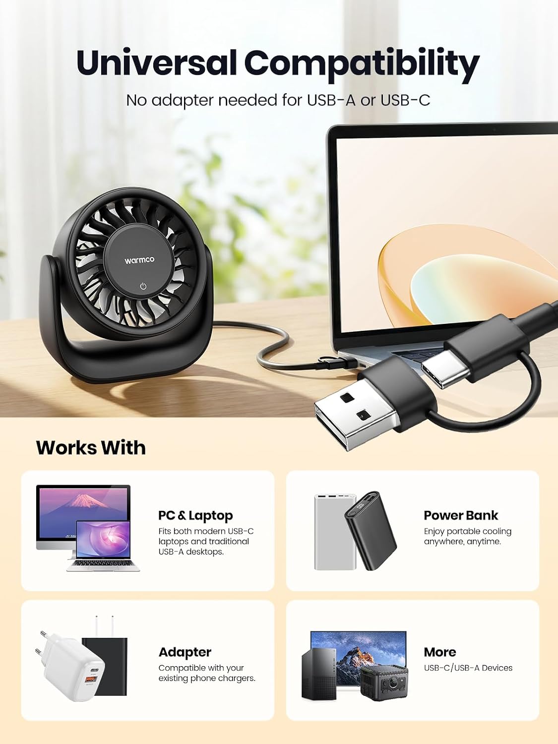 Thumbnail 6 de Warmco DS1 USB Desk Fan: 6.4 Inch Plug-In, 3 Speeds, USB-C/USB-A Power