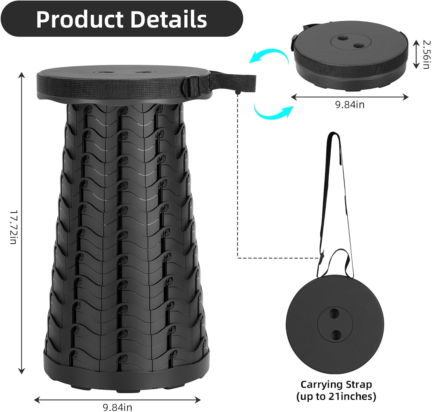 Detalle 2 de Qiguet Collapsible Stool Folding Chair (Black) — Portable Folding Seat Up to 400 lbs, 12 Height Levels