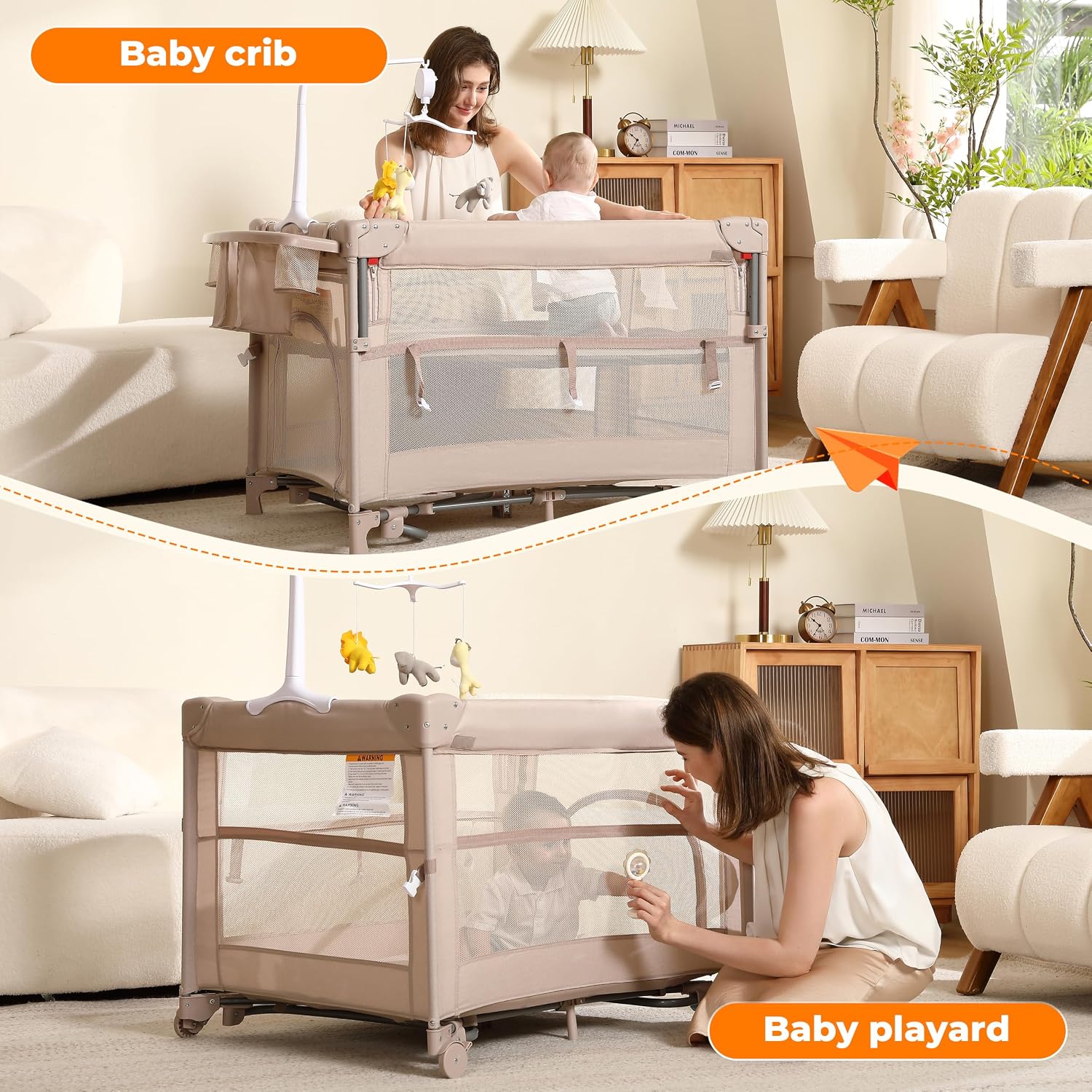 Detalle de Dapue 4-in-1 Baby Playard, Beige Portable Crib with Breathable Mesh