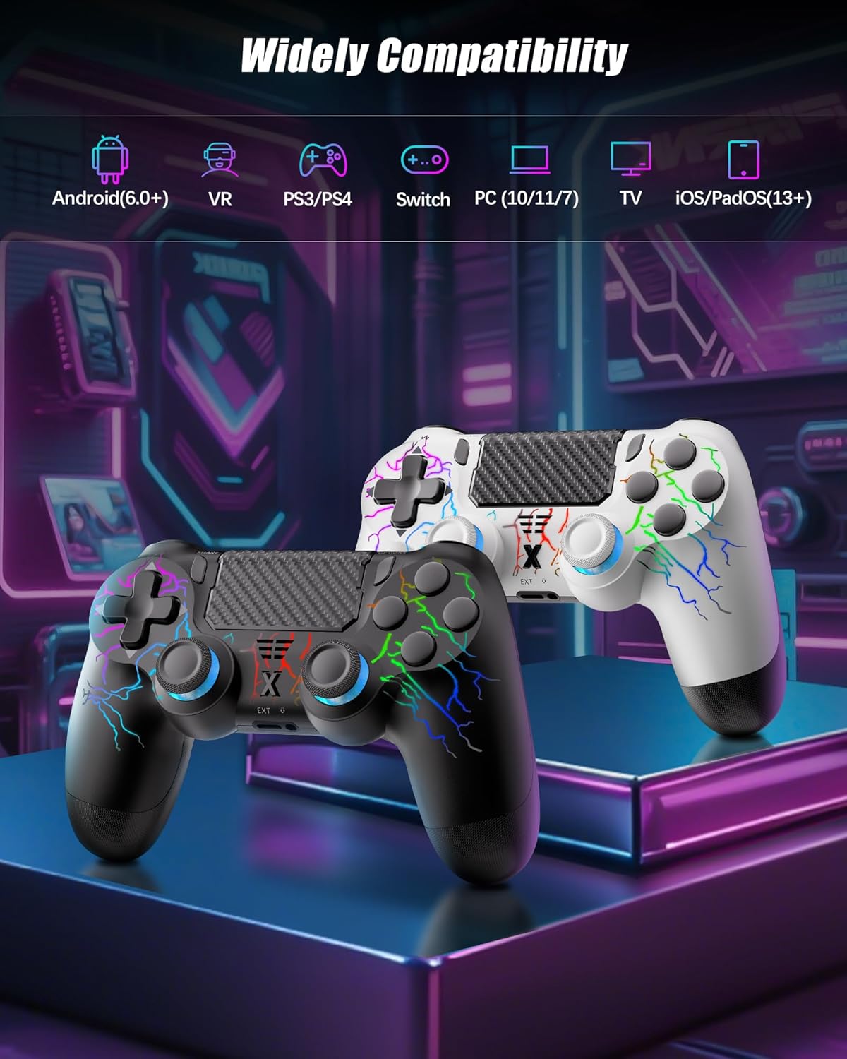 Thumbnail 6 de RUIZHI Controller LED Wireless per PS4 (PS4/Pro/Slim) e PC, 2 pezzi con batteria 1000 mAh e cavo USB‑C, nero e bianco