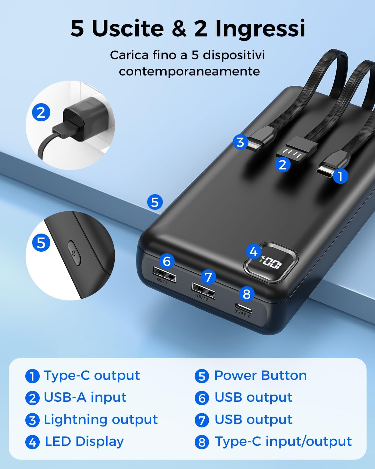 Thumbnail 3 de DRMARE Powerbank da 50000 mAh con 30W PD, 5 uscite e 2 ingressi con cavi integrati