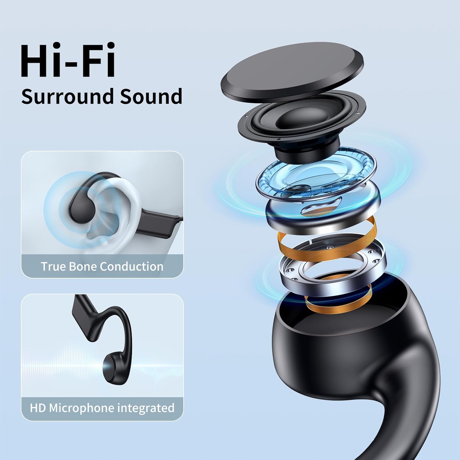 Thumbnail 1 de Casque conduction osseuse Bluetooth avec micro open ear étanche IPX55 – pour course, sport et cyclisme (noir)