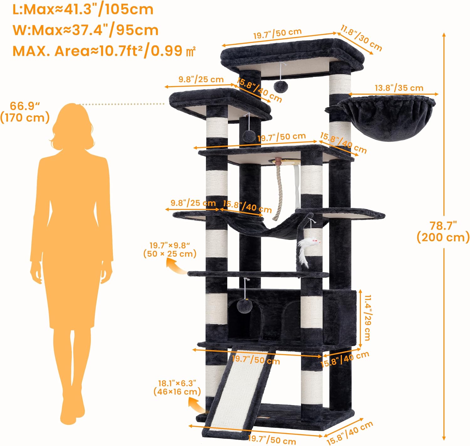 Detalle 1 de Heybly HCT033G 78.7-Inch Cat Tree with 5 Levels and Plush Perches