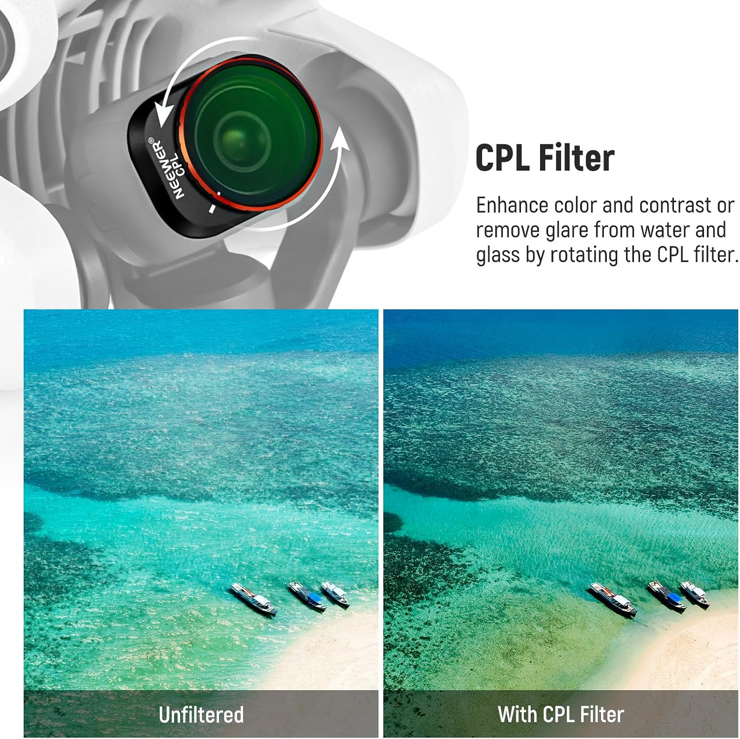 Detalle de NEEWER Kit de 4 filtres ND + CPL pour DJI Mini 4 Pro (ND16, ND64, ND256) avec chiffons de nettoyage