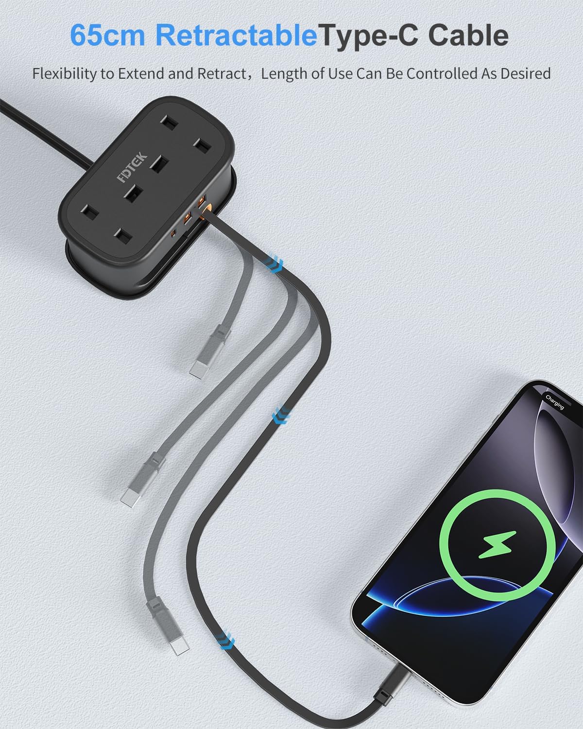 Detalle de FDTEK Travel Extension Lead (2-way power strip with retractable USB-C cable and 3 USB ports) – 1.5m UK travel extension