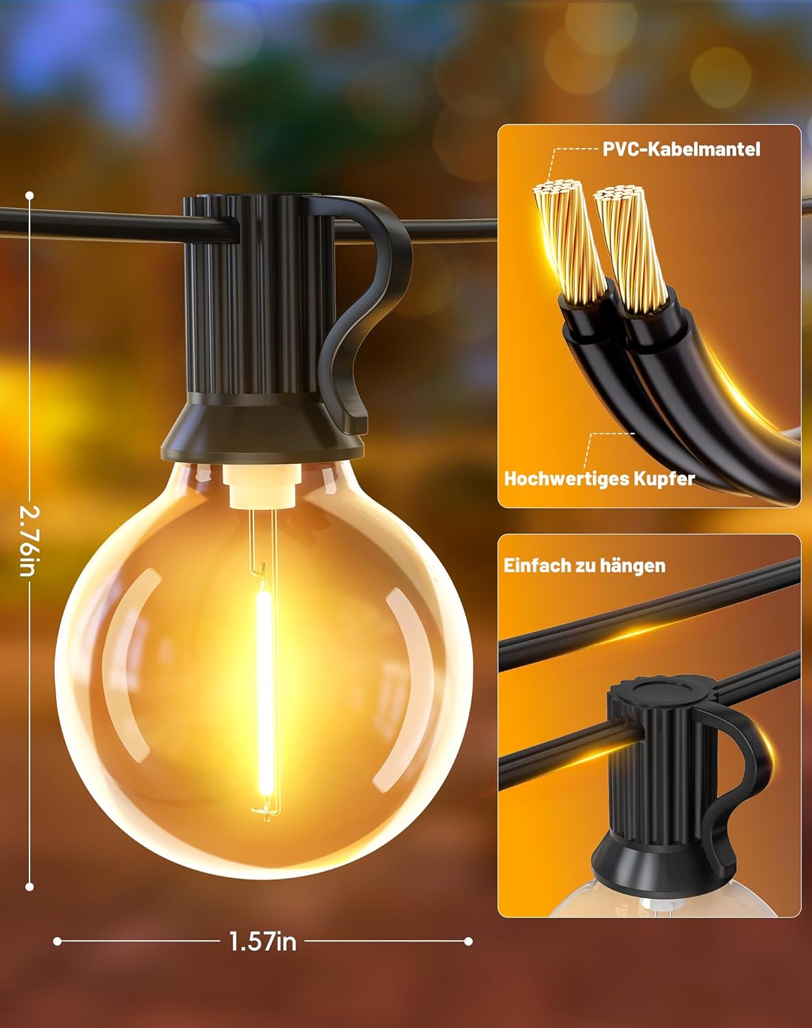 Thumbnail 6 de EVXFG LED-Lichterkette für außen 9 m, G40 (12+1), IP44, 2700K warmweiß – für Terrasse, Balkon & Garten