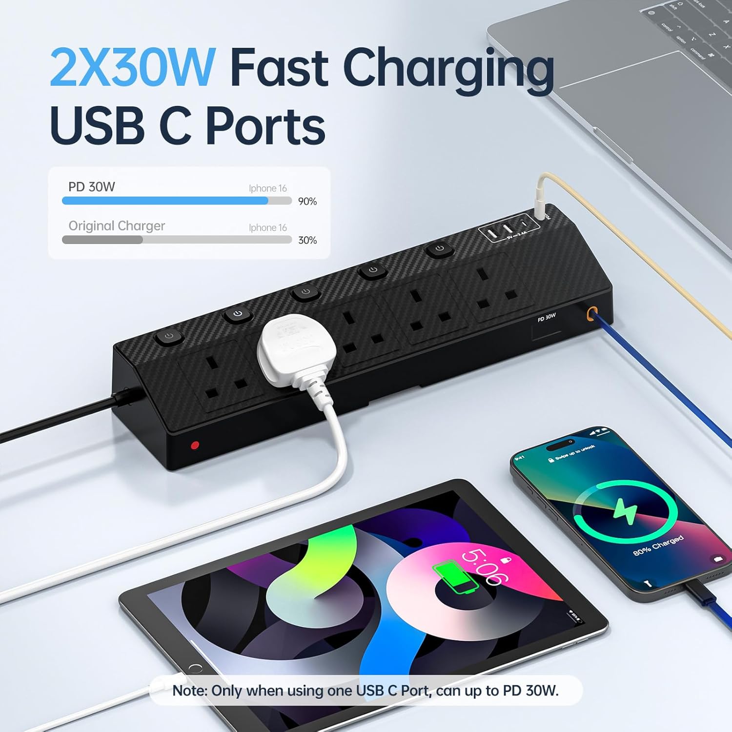 Thumbnail 1 de STGAROT 5-Way Socket Extension Lead with Retractable 80cm USB-C Cable and 2x PD 30W Fast Charging Ports (1.8m, Black)