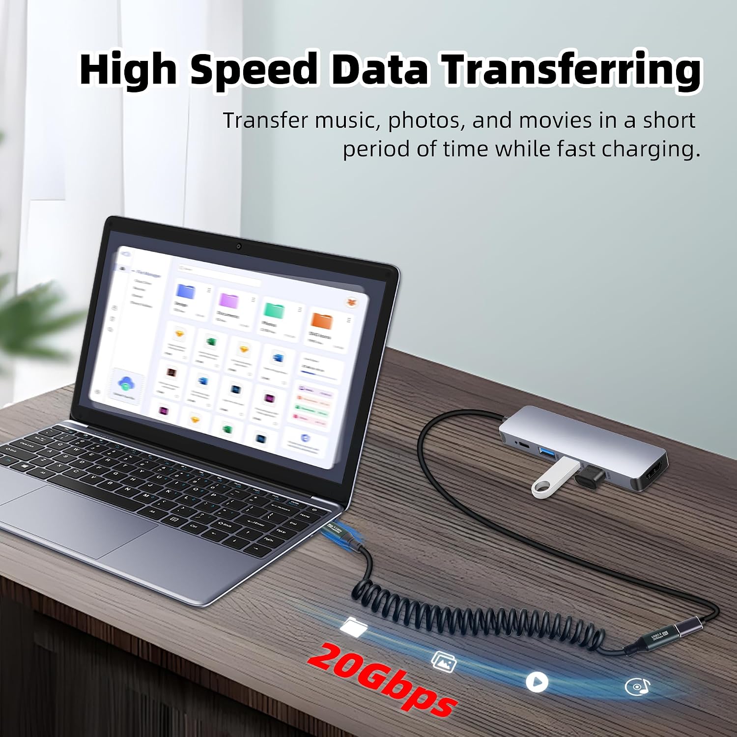 Detalle de RIIEYOCA Coiled USB C to USB C Extension Cable – 100W PD, 20Gbps, 1.5m, 8K60, for Cars, Bicycles and Office