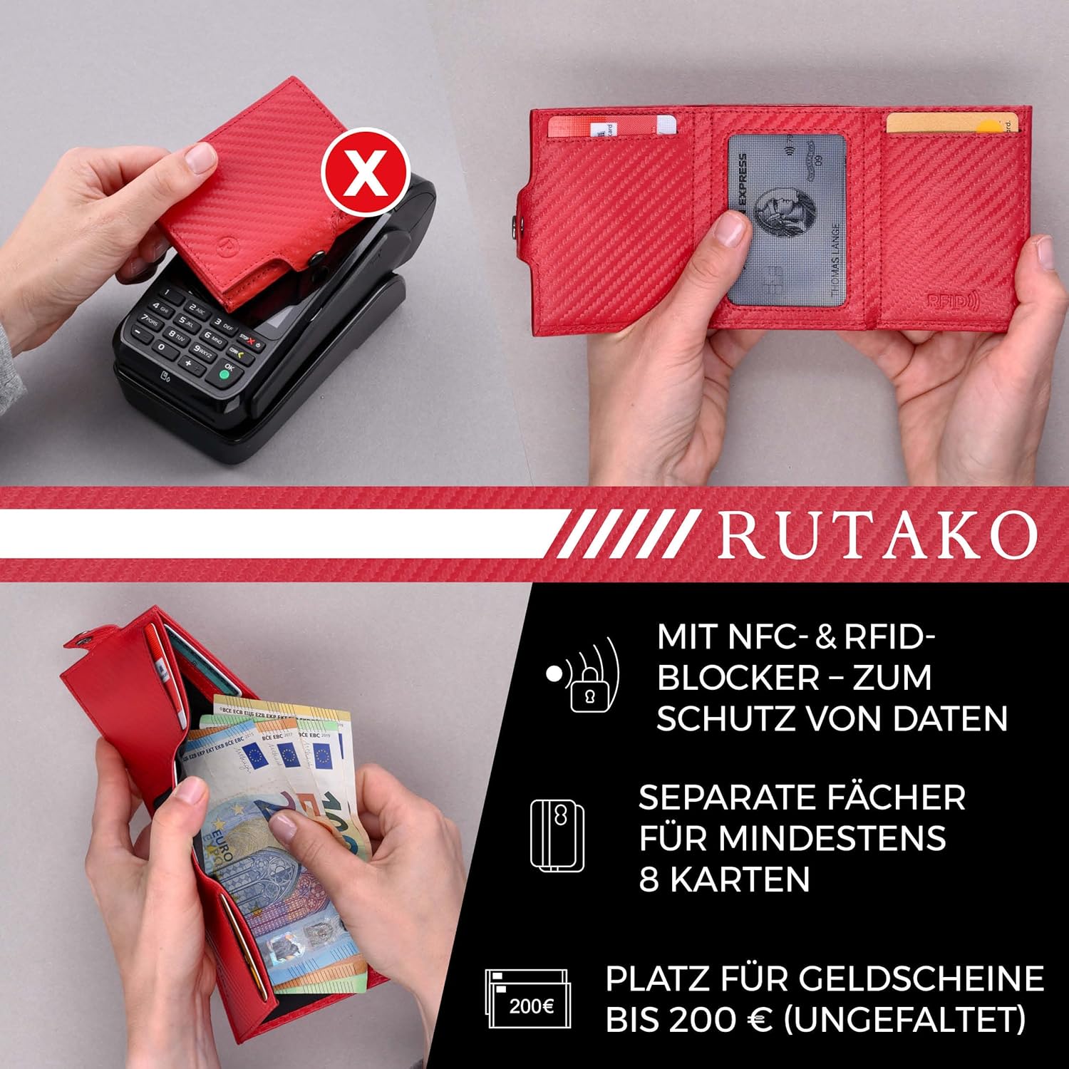 Thumbnail 1 de RUTAKO Slim Wallet mit RFID-Schutz – Kartenetui aus Nappa-Leder mit Scheinfach & Mini-Münzfach (Carbon-Rot)