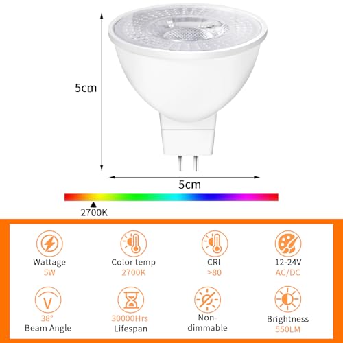 Detalle de YIIFELL Bombilla LED GU5.3 MR16 12V 5W – 550 lm, 2700K, Pack de 8