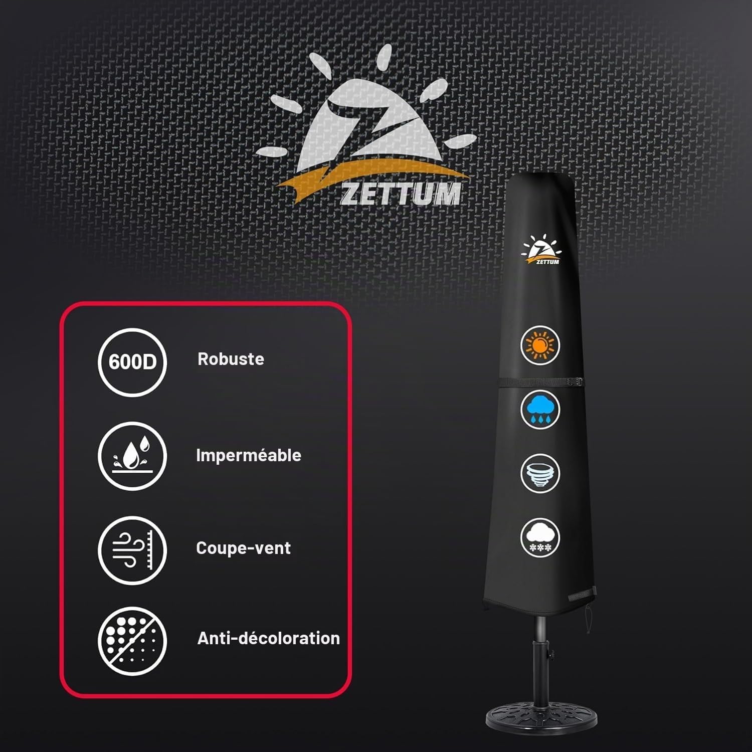 Detalle de Zettum UC-DS-M-BLK beschermhoes voor zweefparasol, 600D Oxford en PU-coating