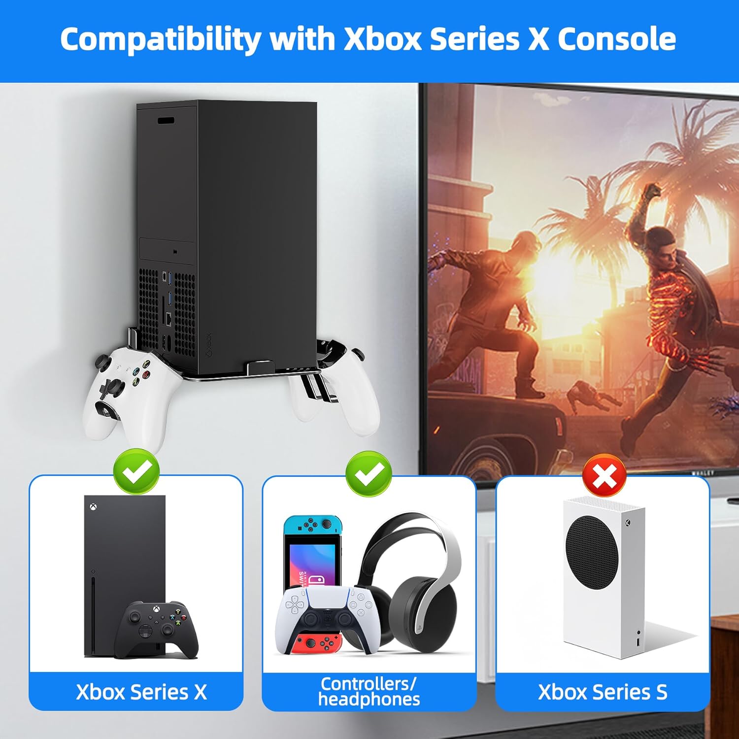 Detalle 2 de Bricok Aluminium Alloy Wall Mount Kit for Xbox Series X with Controller Stands and Ventilation Shelf (Black)