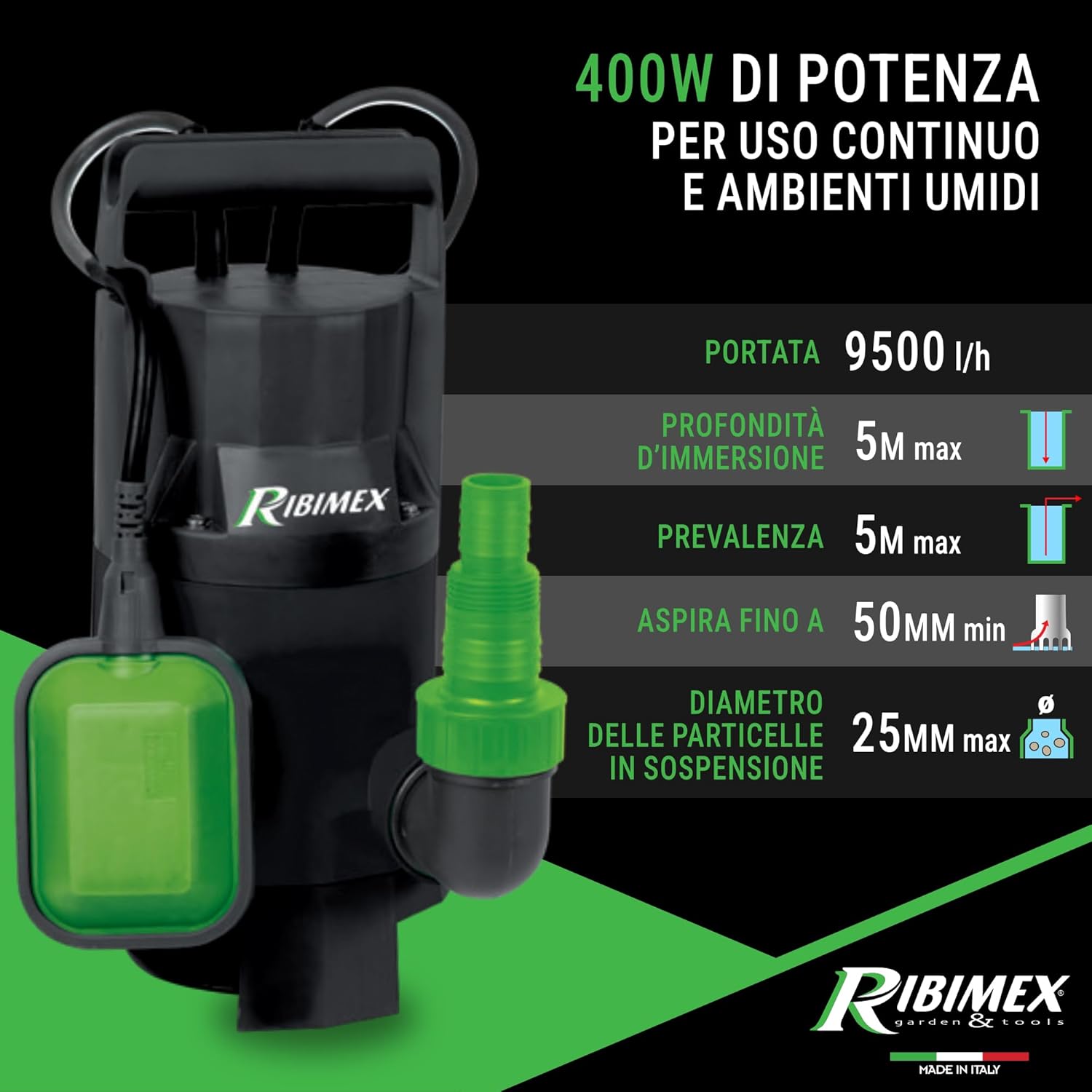 Thumbnail 3 de Ribimex Pompa sommersa per acque scure con particelle fino a 25 mm – PRPVC400C, 9.500 L/h, 400 W