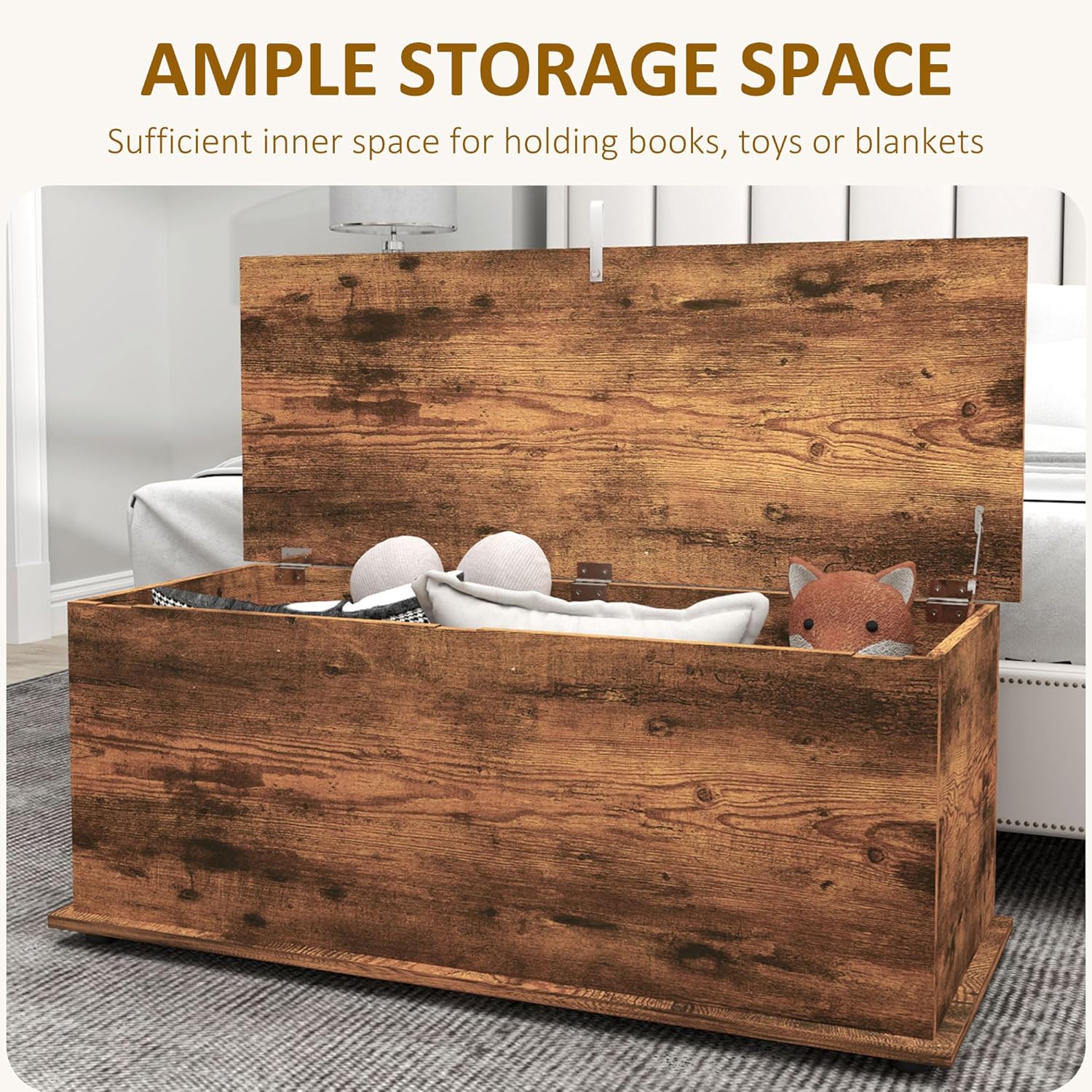 Detalle de HOMCOM Large 113L Storage Chest – Rustic Brown Blanket Box & Shoe Bench (100 x 40 x 40 cm)