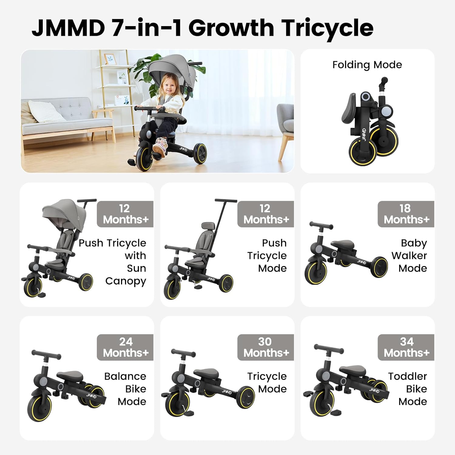 Detalle de JMMD Baby Tricycle 7-in-1 Multifunctional Kids Trike with Adjustable Parent Handle