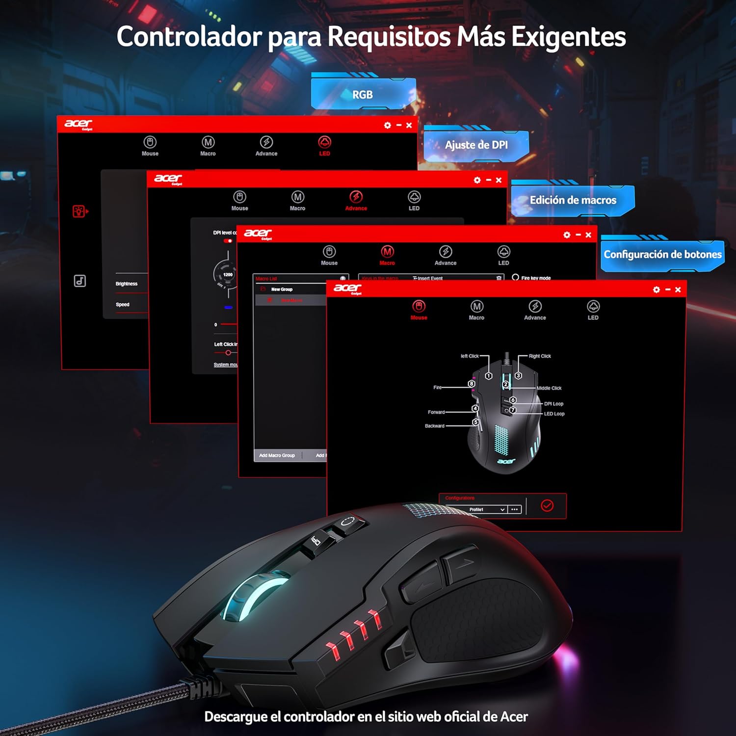 Thumbnail 5 de acer Ratón Gaming 12800DPI RGB Cable 🎮 Ergonómico 8 Botones