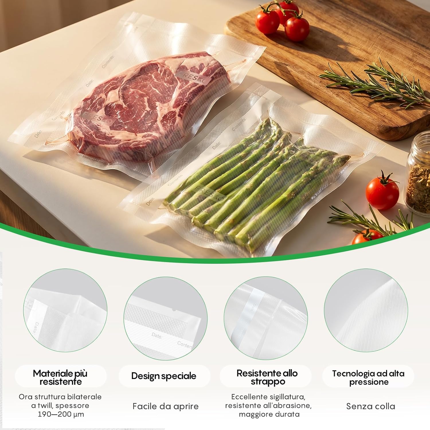 Detalle 2 de FRESKO Sacchetti Sottovuoto Alimenti 120 pezzi 20x30 cm, senza BPA e approvati FDA