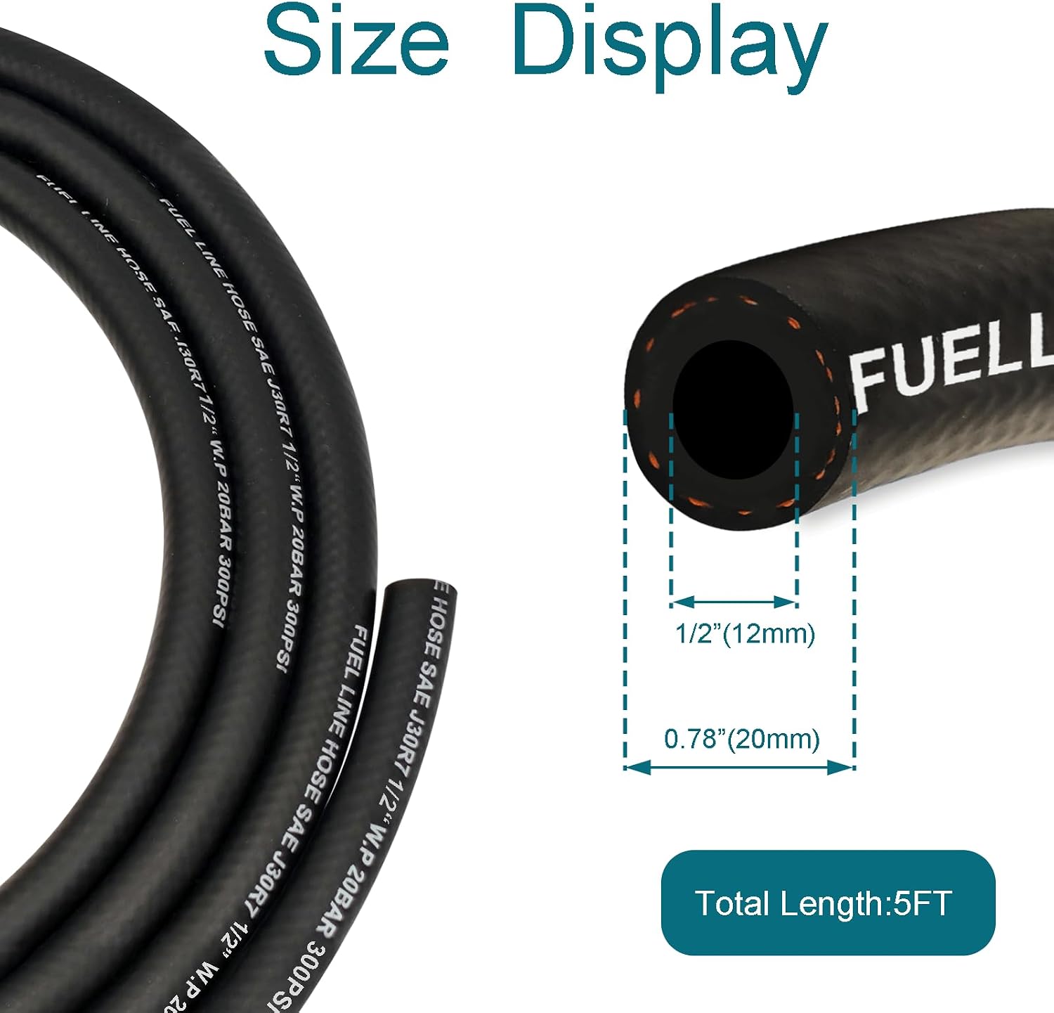 Detalle de HOUSUN 1/2 Inch ID Fuel Line Hose, 300 psi, 5 ft with 4 Clamps