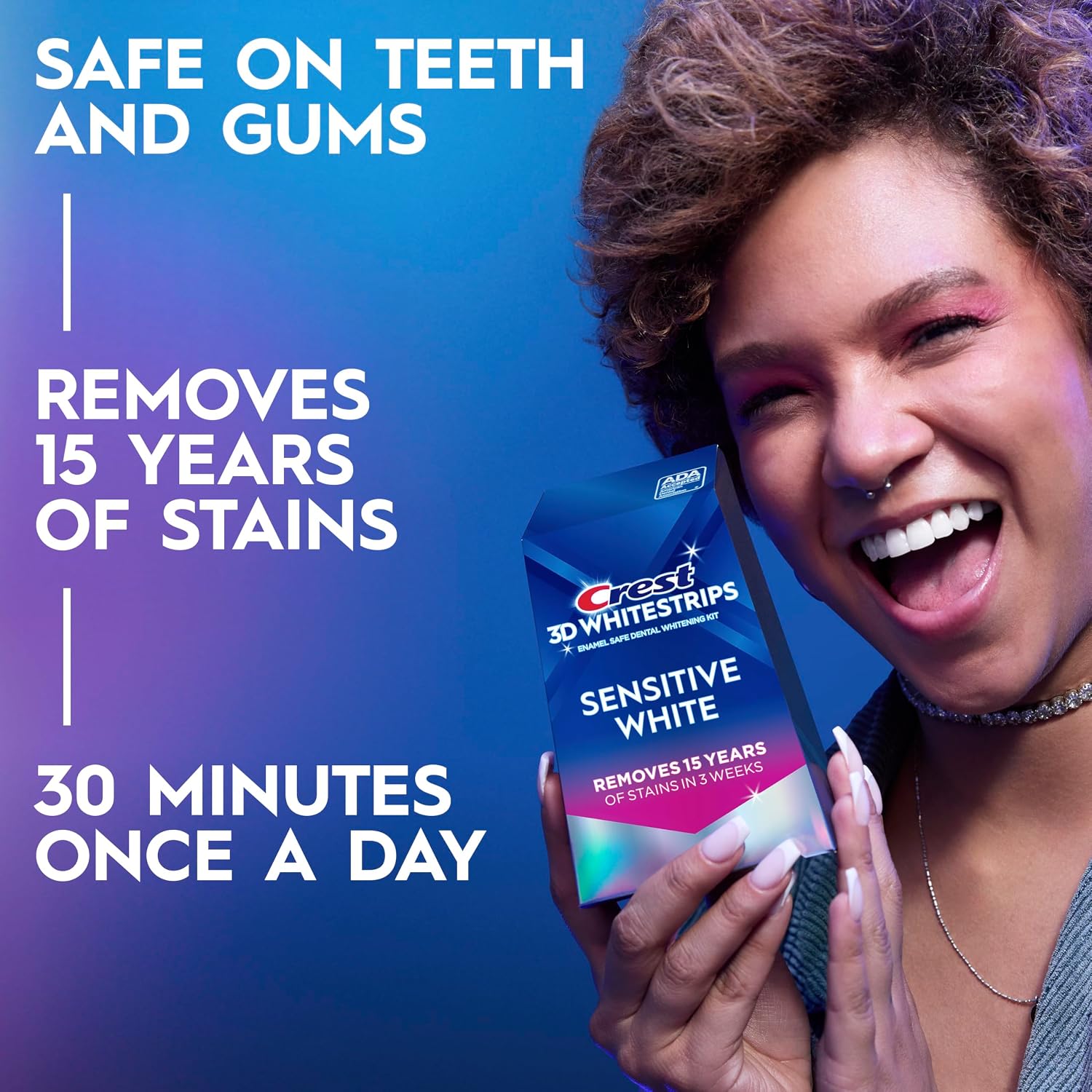 Detalle 2 de Crest 3D Whitestrips Sensitive 18‑treatment kit 🦷