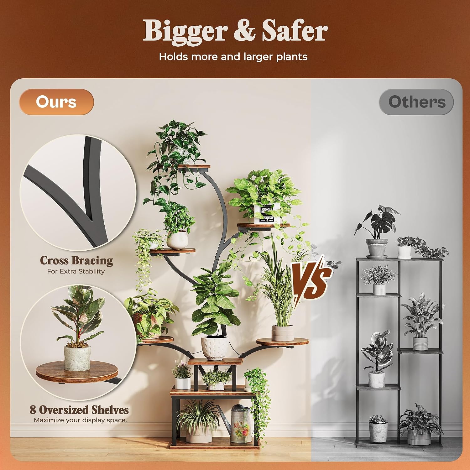 Detalle 1 de PRAISUN 51-Inch Plant Stand with Grow Lights, 8-Tier Corner Shelf, Rustic Brown
