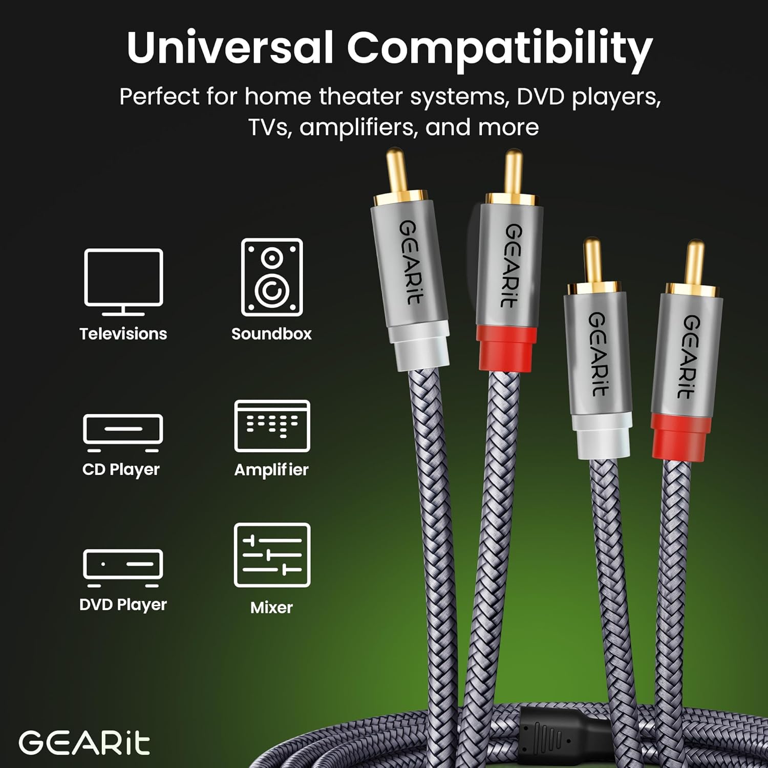 Thumbnail 3 de GEARit RCA Cables 25 ft: Dual Shielded, Gold-Plated RCA Cable for Car Audio & Hi-Fi