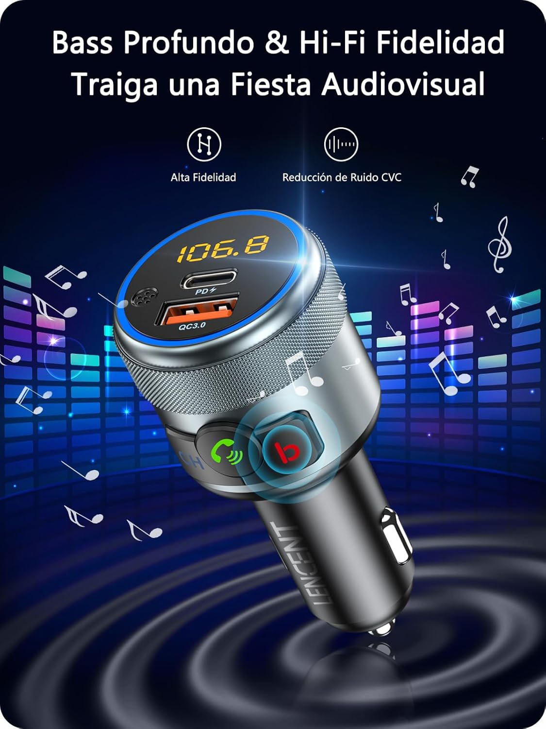 Detalle 2 de LENCENT Transmisor FM Bluetooth 5.1 carga rápida