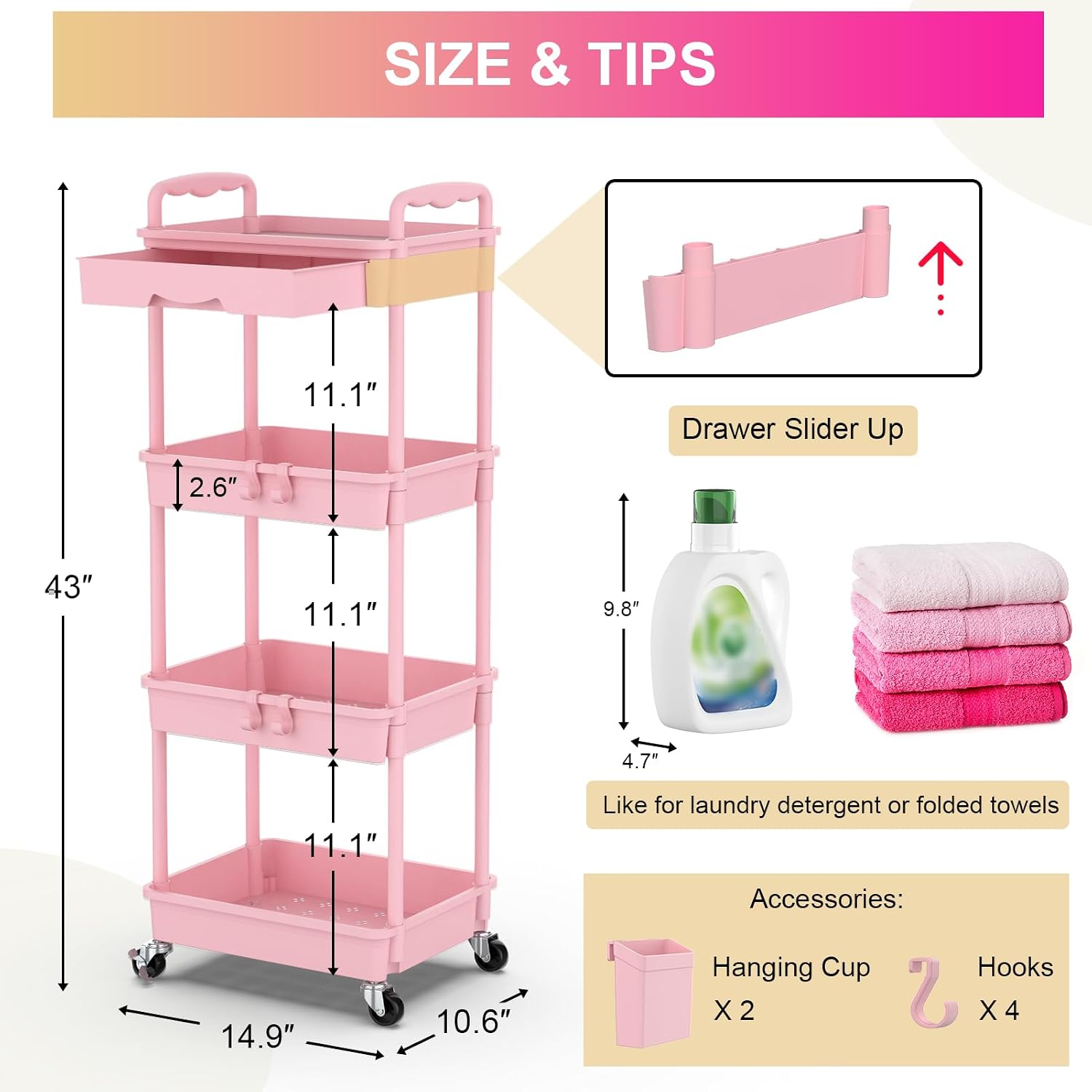 Thumbnail 3 de Goovilla 4-Tier Rolling Utility Cart with Drawer ๐