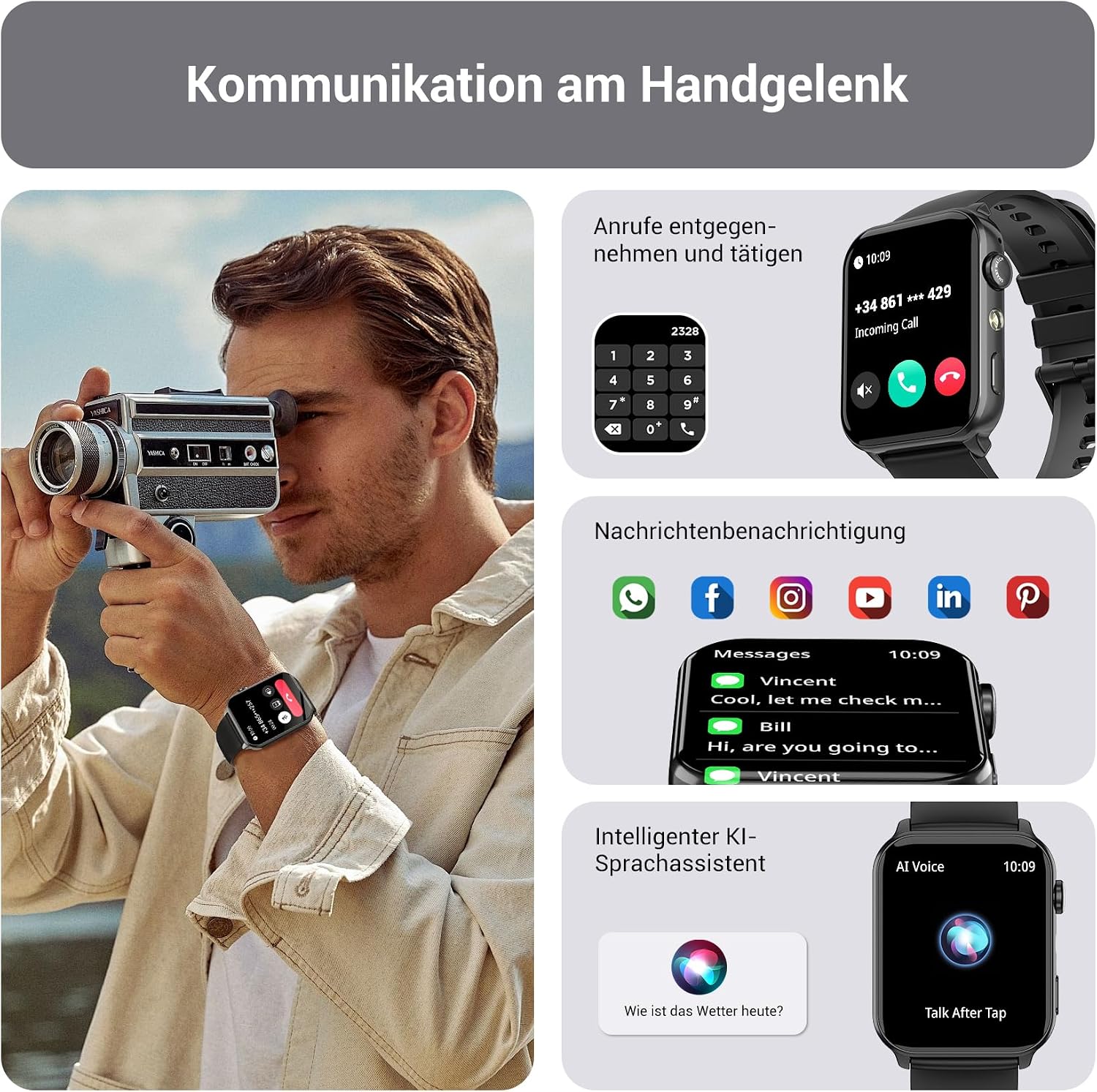 Detalle 1 de IOWODO Smartwatch – Bluetooth Anrufe, SpO2, Schlafüberwachung