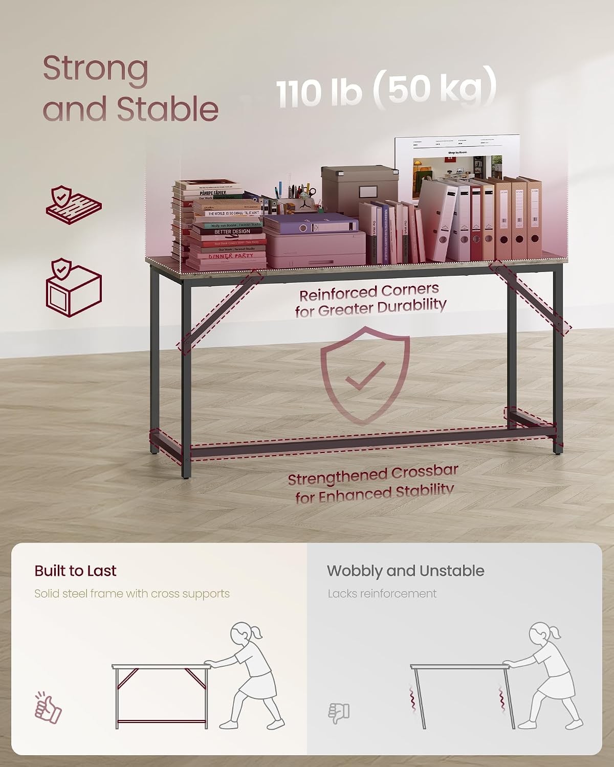 Detalle de VASAGLE LWD214L101 Computer Desk, 140 x 50 x 76 cm with Adjustable Feet