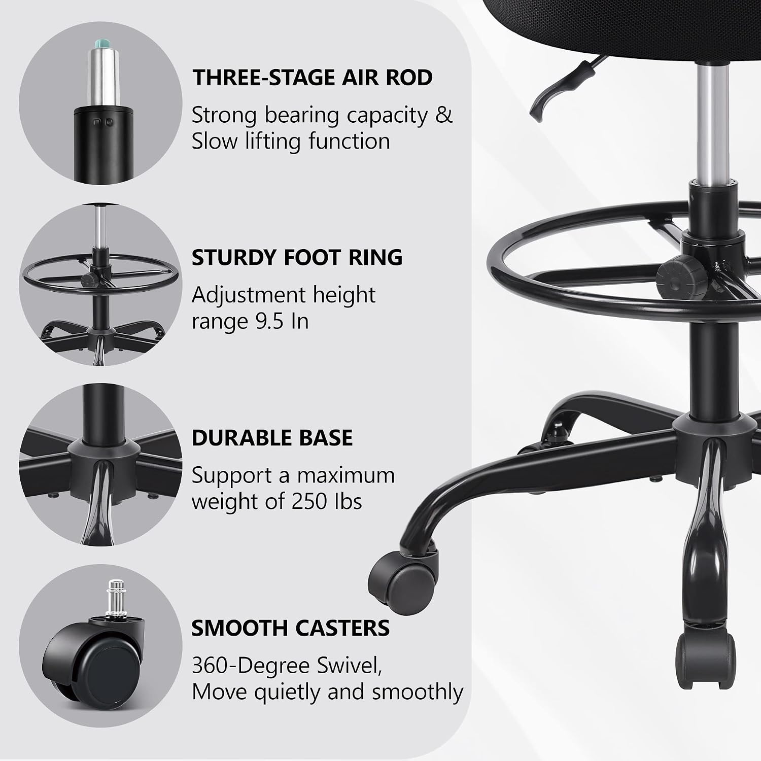 Detalle de Primy PR777-Z Tall Drafting Chair, Adjustable Height, Mesh Back, Foot Ring