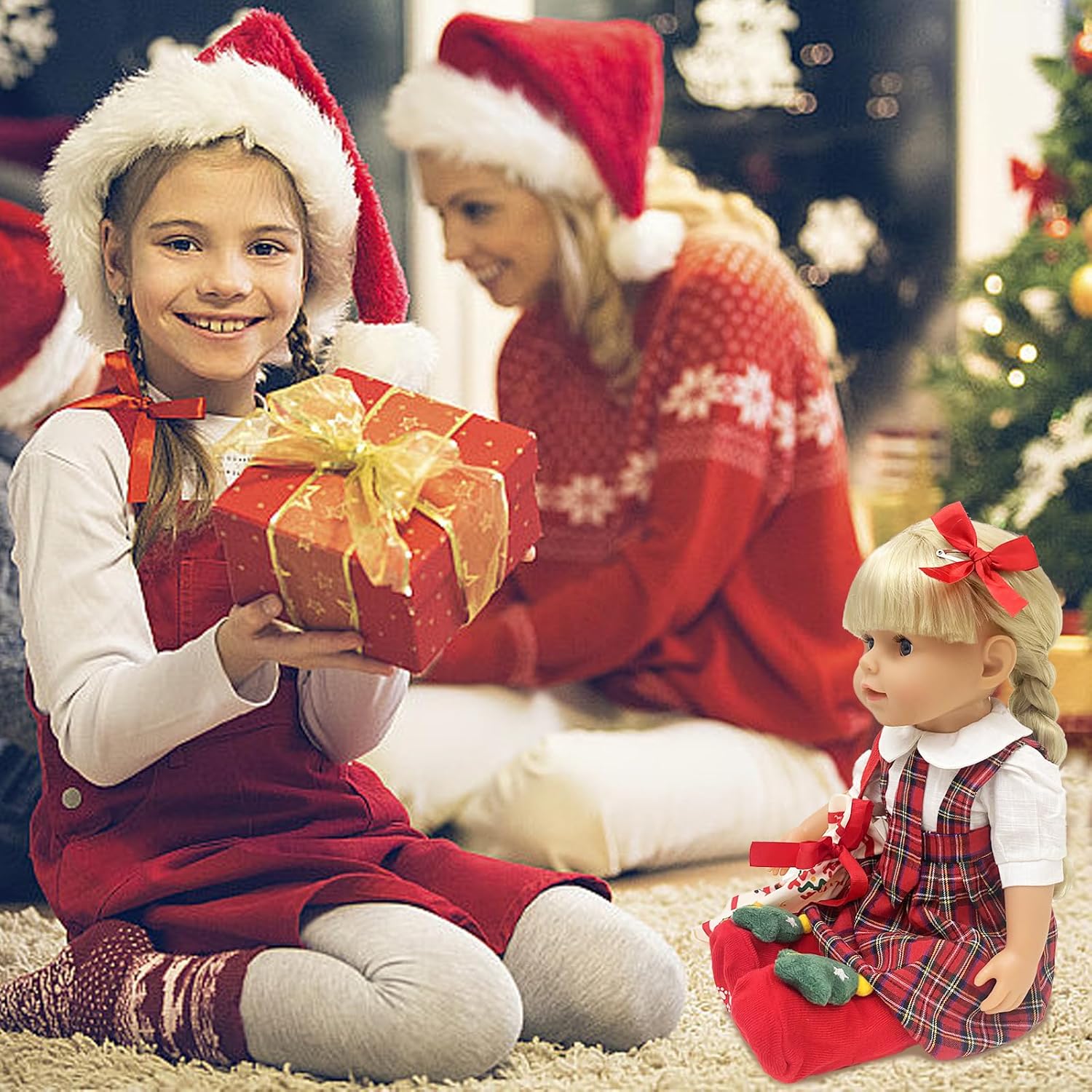 Thumbnail 6 de Baby doll clothes set for 14–18 inch dolls (35–45cm) – 9-piece winter holiday outfits with red plaid dress, hair clips, glasses, stocking, and bag