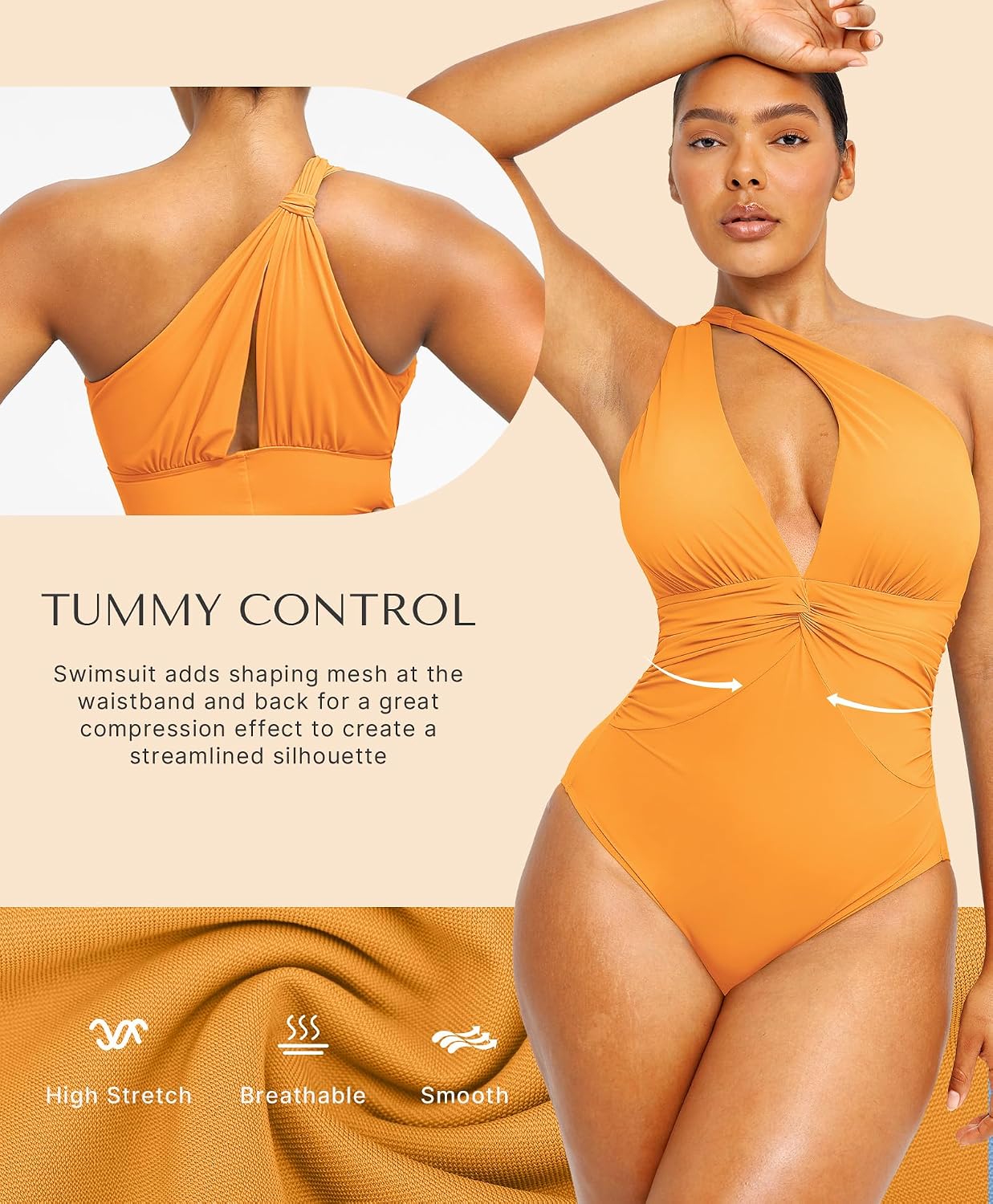 Detalle de SHAPELLX Women’s One-Piece Swimsuit with Tummy Control, Ruched V-Neck & Removable Cups