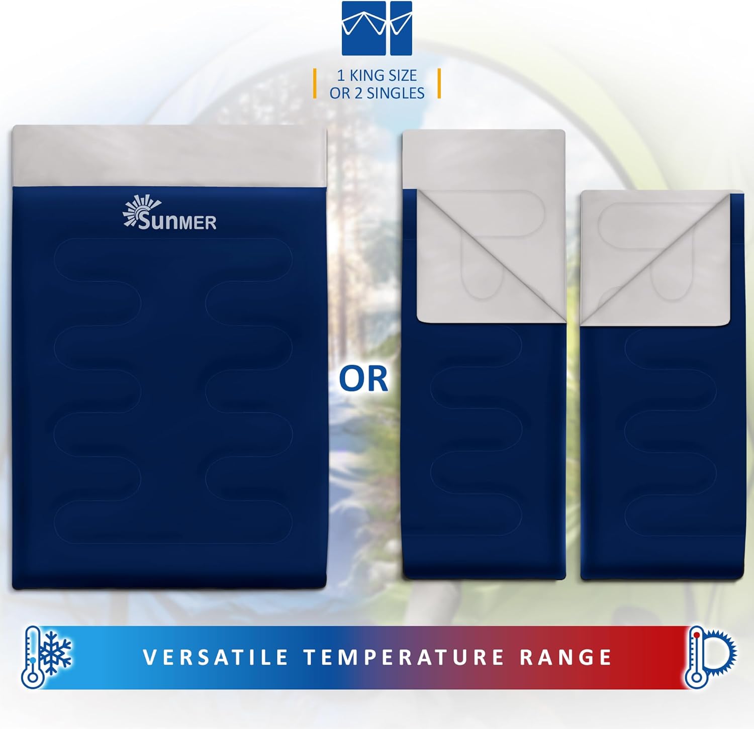 Thumbnail 2 de SUNMER 3–4 Season Double Sleeping Bag (2-in-1 King Size) – 300GSM waterproof for couples or 2 people, Navy