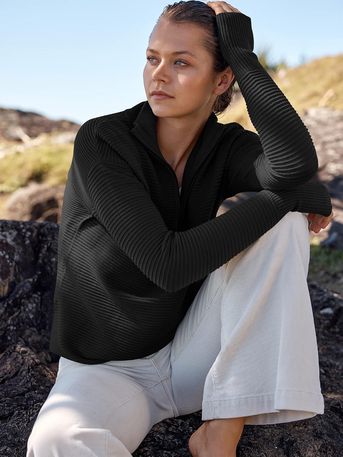 Thumbnail 6 de ANRABESS Women's Quarter-Zip V-Neck Sweater with Ribbed Knit and Thumbholes