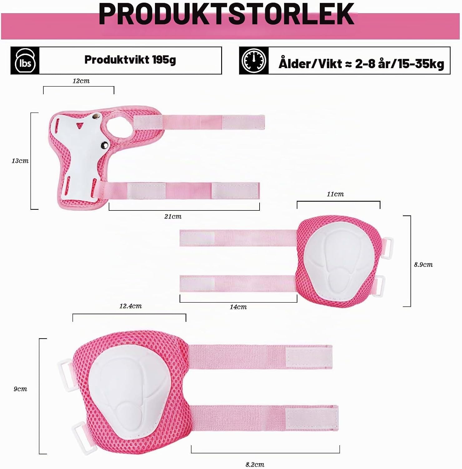 Detalle 2 de LUOJINYI knäskydd för barn, 6-delat set i rosa och vitt med kardborre