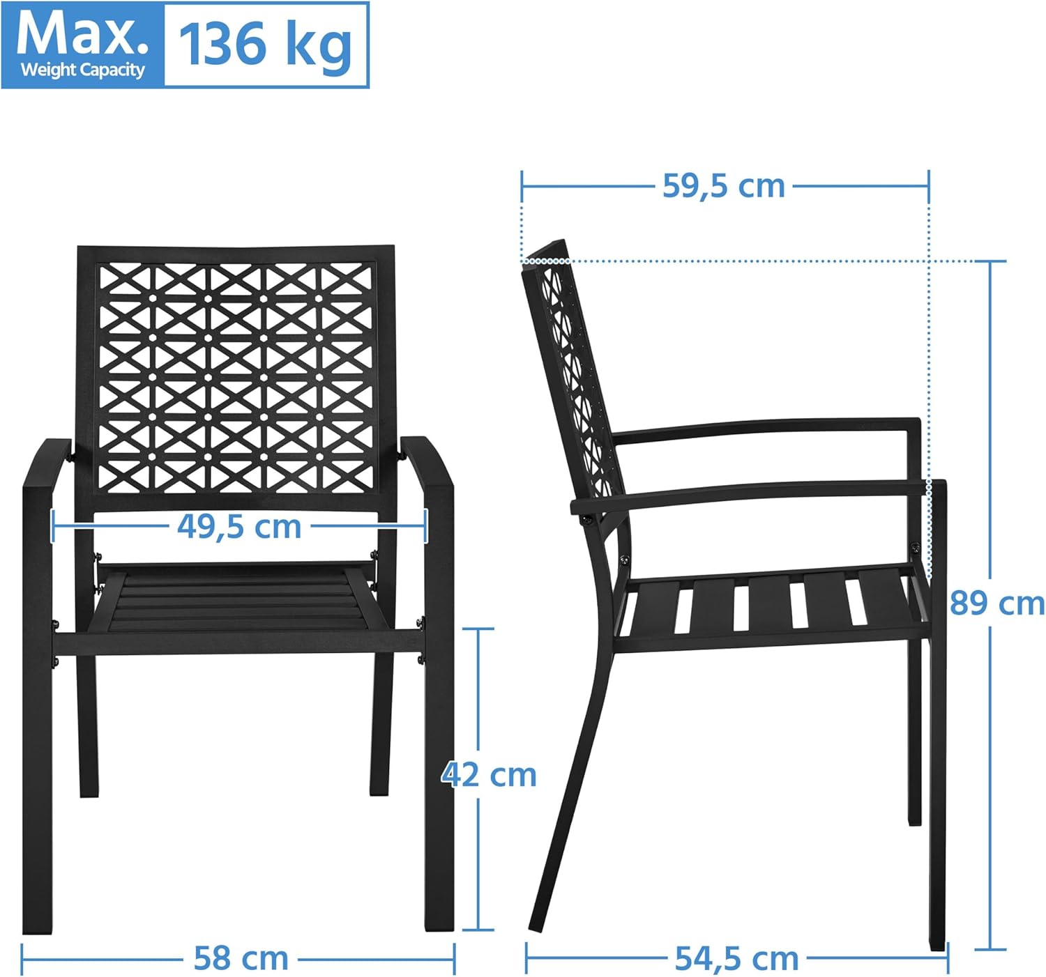 Thumbnail 2 de Yaheetech set di 2 sedie da pranzo da giardino impilabili in metallo con braccioli e schienale moderno (nero)