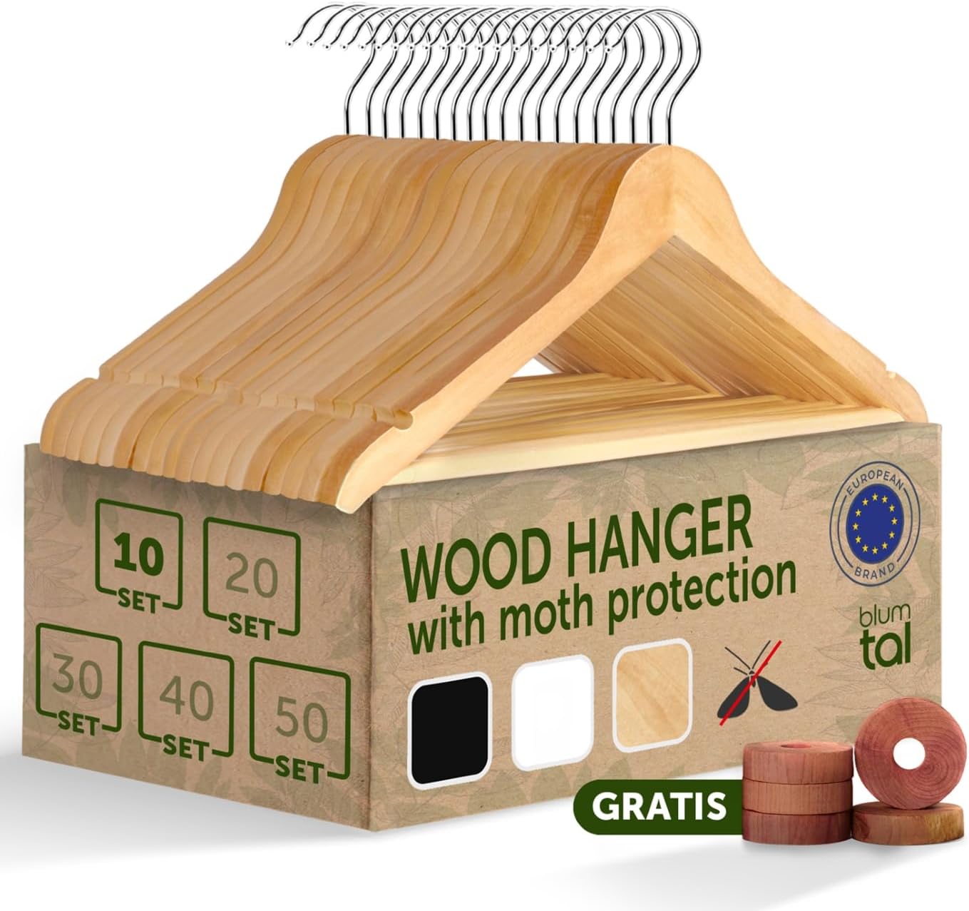 Detalle de Blumtal Wooden Clothes Hangers Set of 10, Natural Wood with Non-Slip Bar