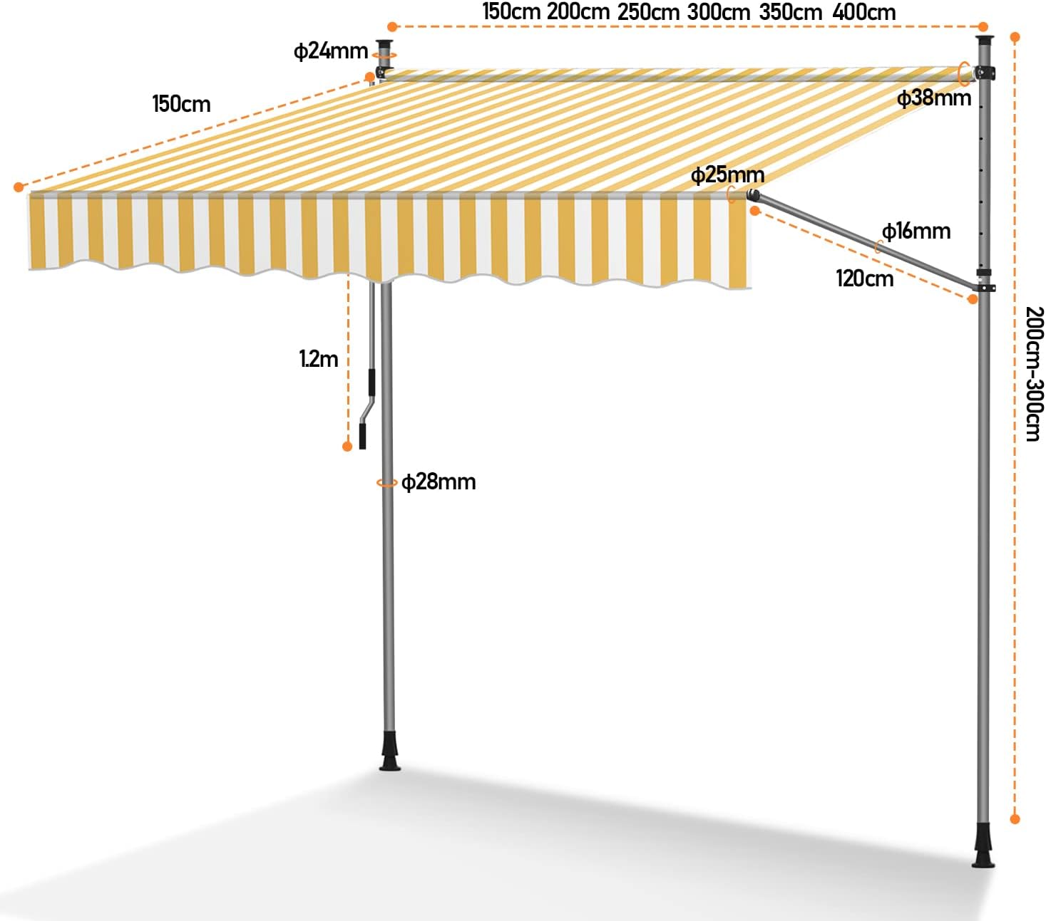 Thumbnail 6 de ISOISL Klemmmarkise 300 cm breit – Balkonmarkise mit Handkurbel, UV-beständig, höhenverstellbar, wasserdicht, ohne Bohren (Gelb/Weiß)