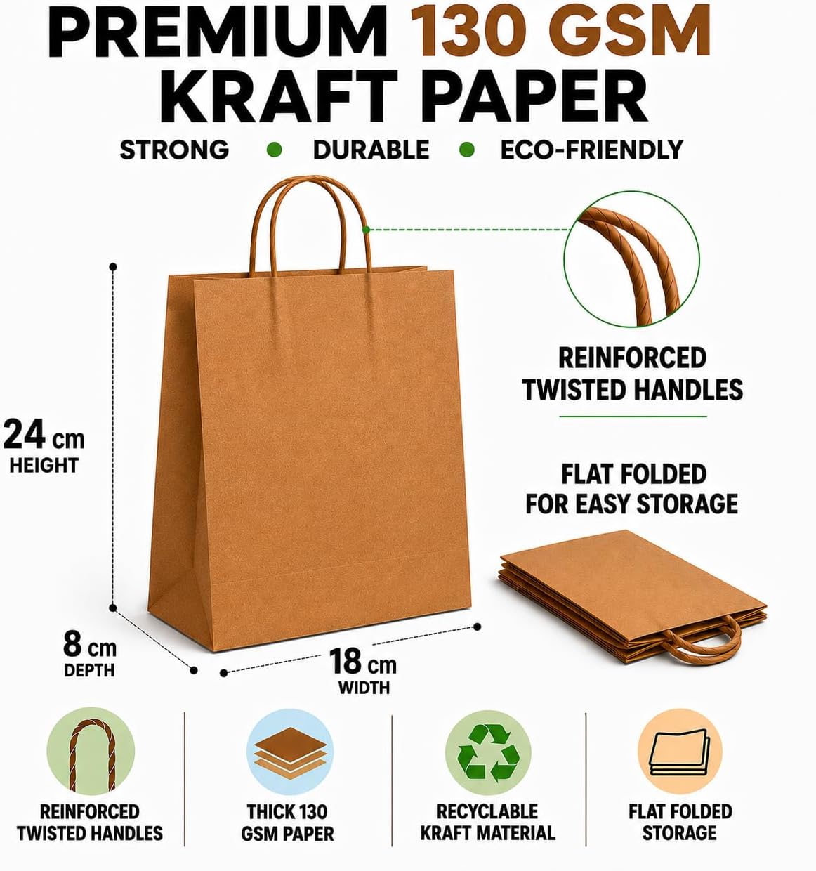 Detalle 2 de HURUC 100 pcs Brown Paper Bags with Handles (130GSM kraft), small gift carrier bags for parties & everyday use (18x24x8cm)