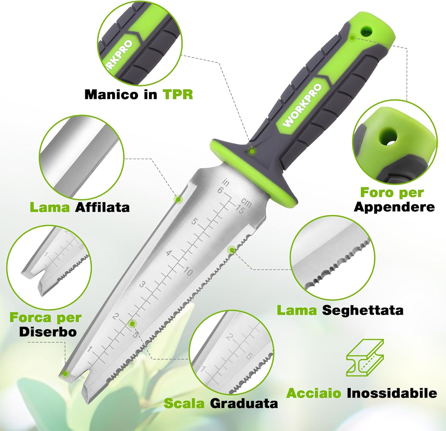 Detalle de WORKPRO paletta da giardino 12" con custodia in Oxford e lama dentata in acciaio inox