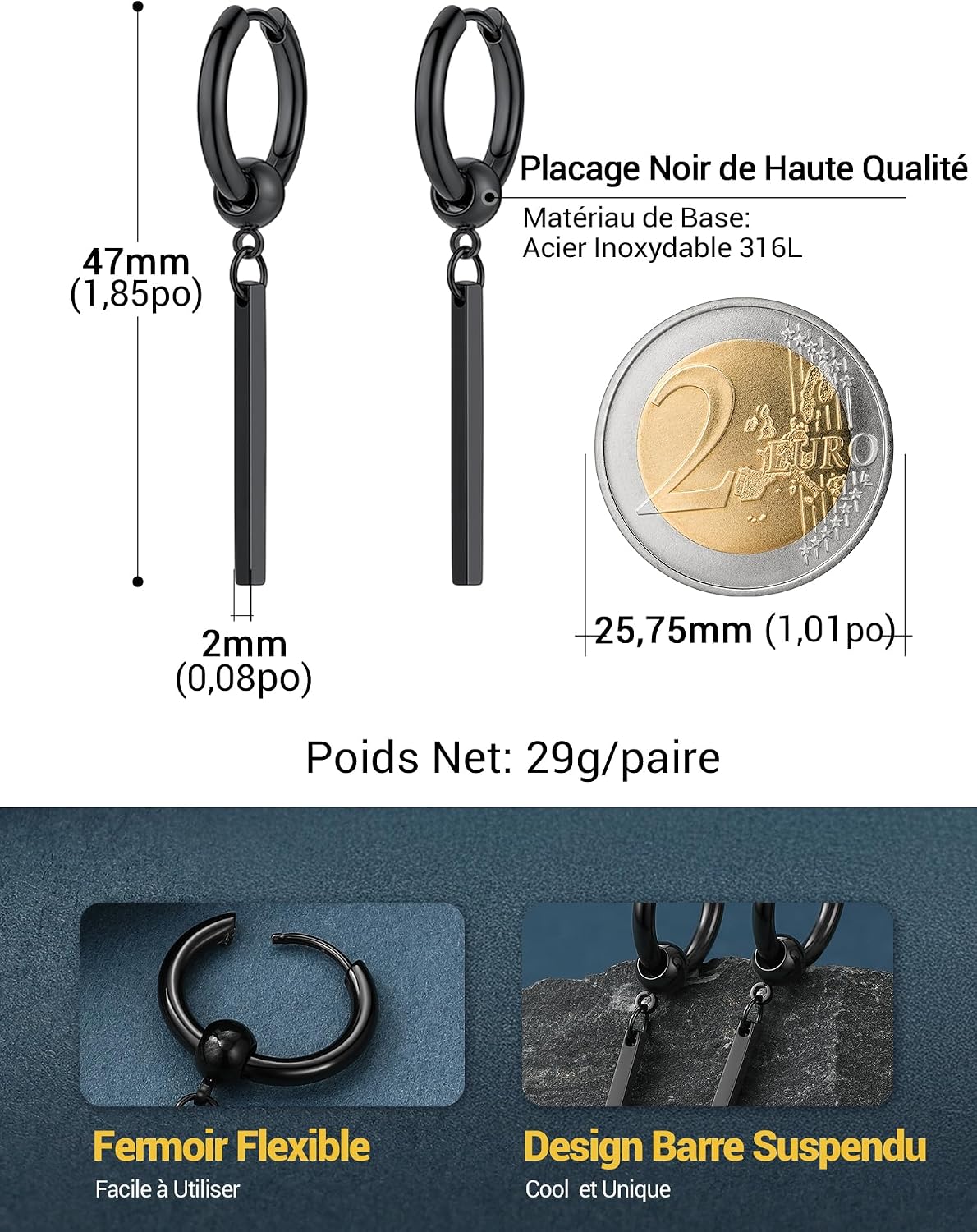 Detalle de PROSTEEL Boucles d’oreilles homme créoles 12 mm avec pendants barres en acier inoxydable 316L et placage noir
