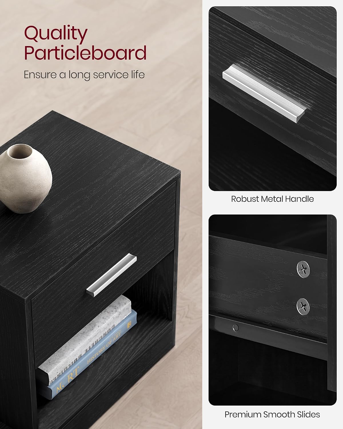 Detalle 2 de VASAGLE LET819T56 set of 2 bedside tables, black, with drawer and open shelf