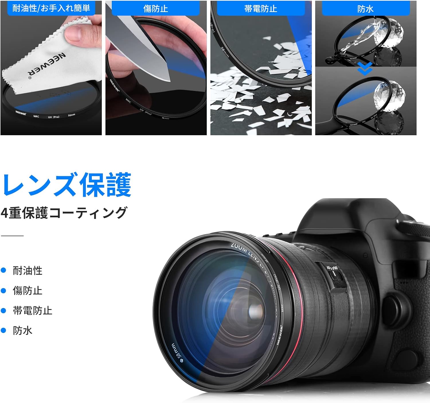 Detalle de NEEWER 58mm MRC UV保護フィルター、30層コーティング・光学ガラス・薄型フレーム