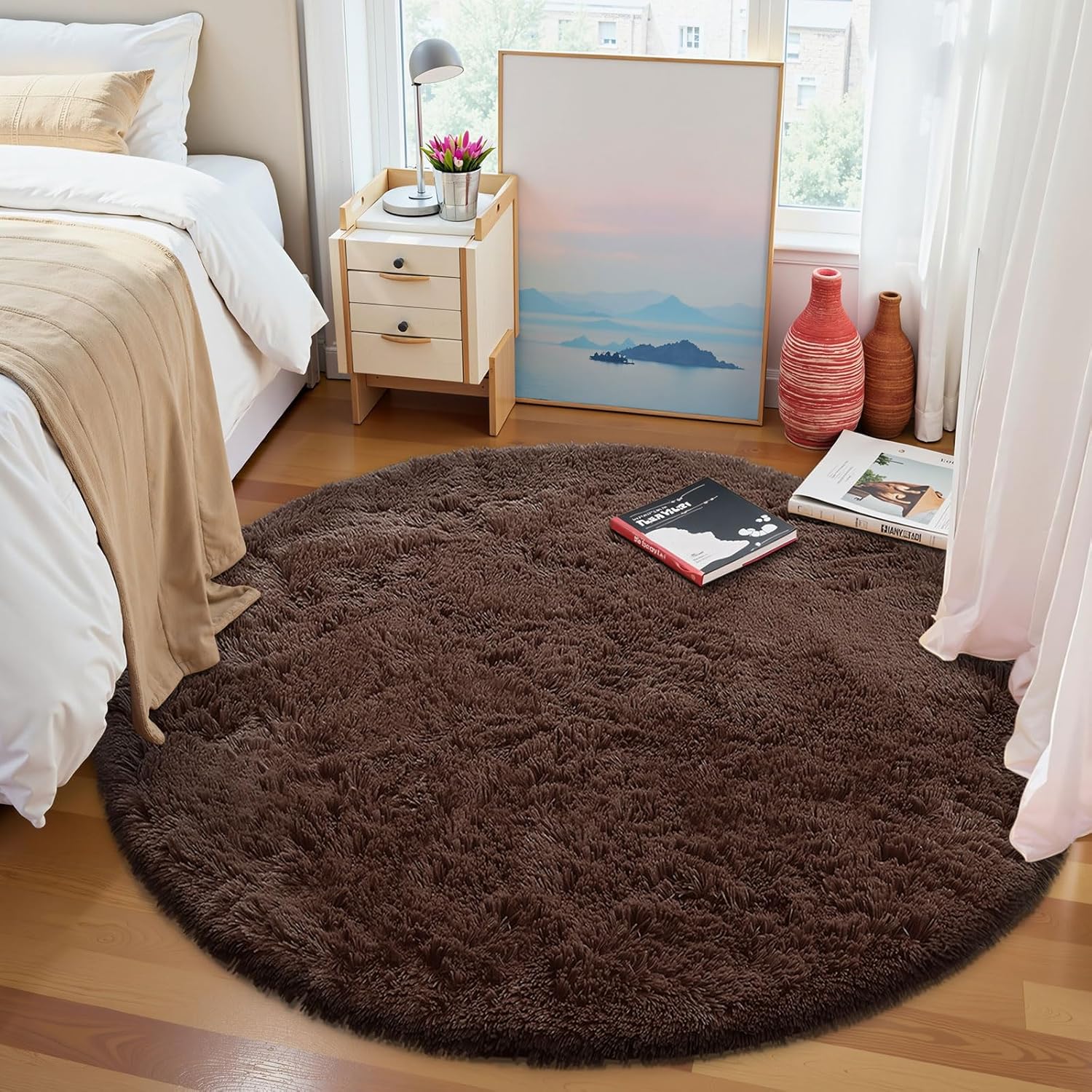 Thumbnail 4 de Homaxy Fluffy Shaggy Round Rug 160 cm – Coffee, Non-Slip, Machine Washable